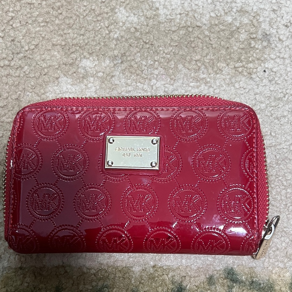 Michael Kors Cherry Red Patent Logo Zip Wallet